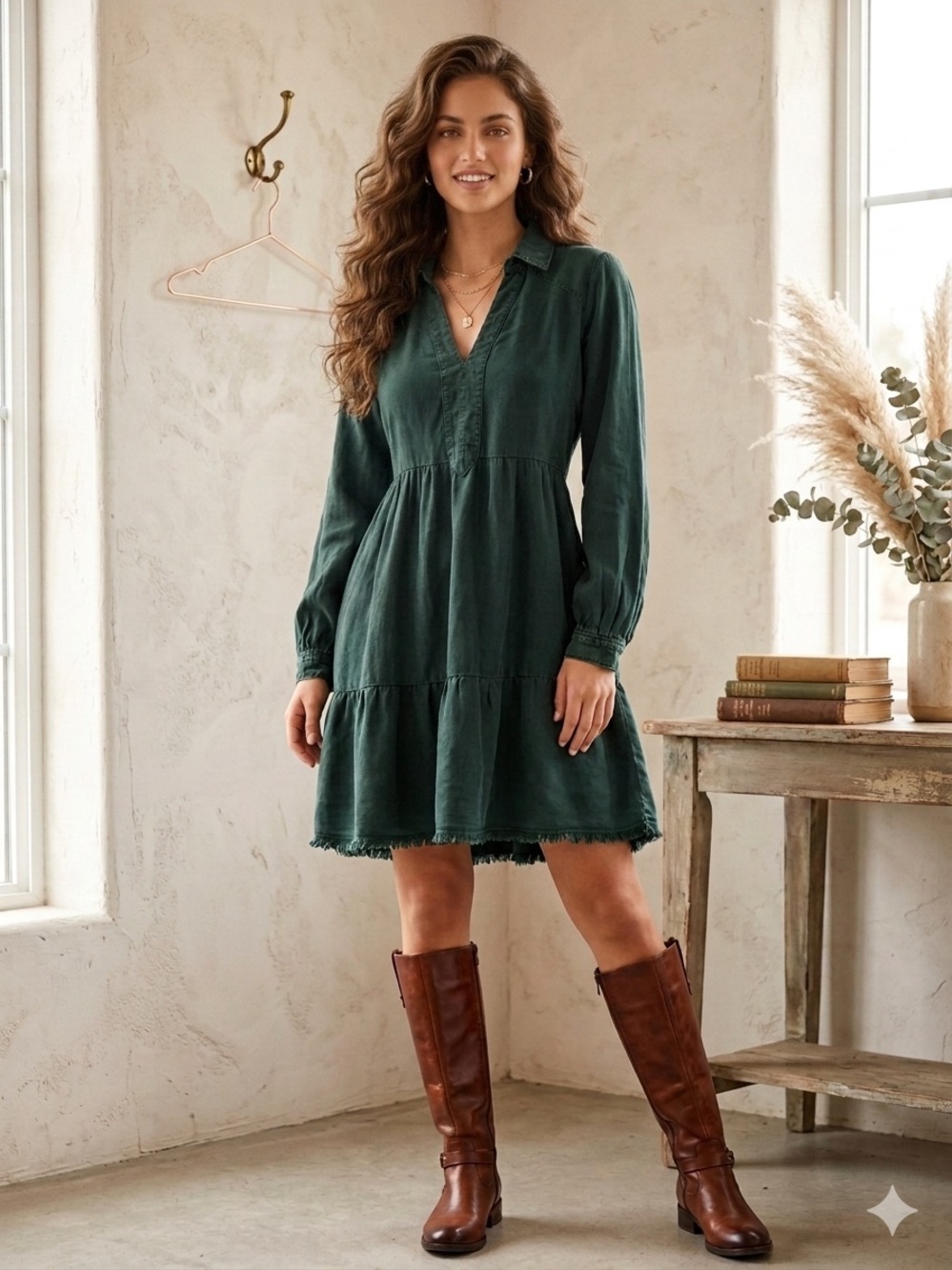 UMGEE Hunter Green Acid Wash Tiered Babydoll Mini Dress Frayed Hem Boho L